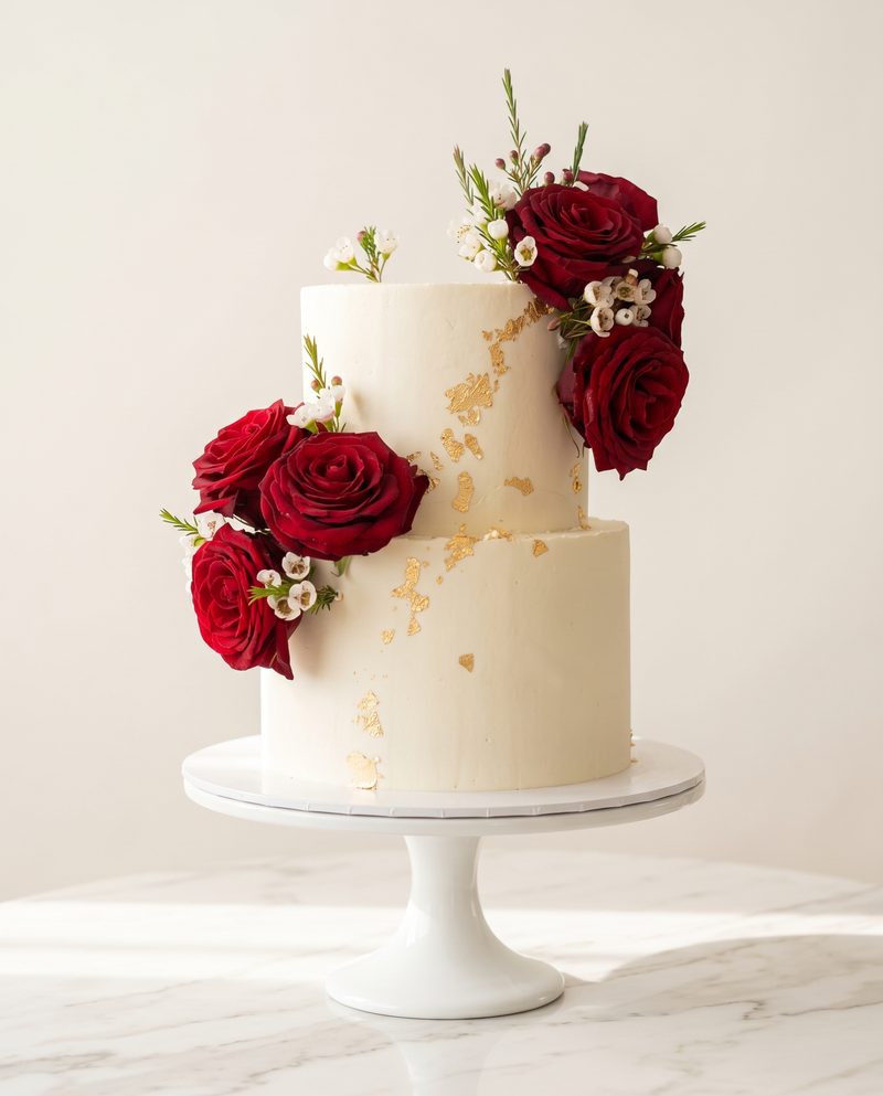 Wedding cake blanc à deux étages, roses rouges et feuilles d'or