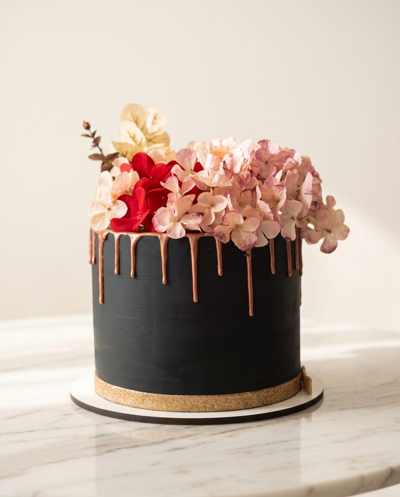 Gâteau au chocolat à coulure dorée surmonté d'hortensias
