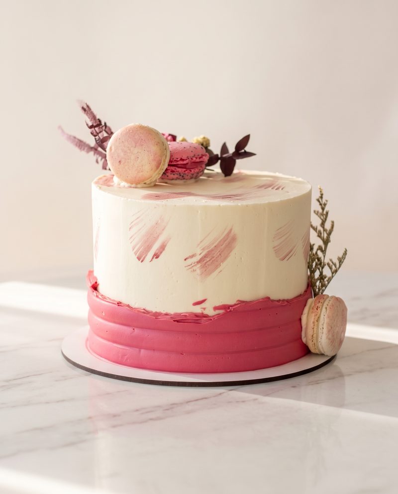 Gâteau crème et rose pastel décoré de macarons