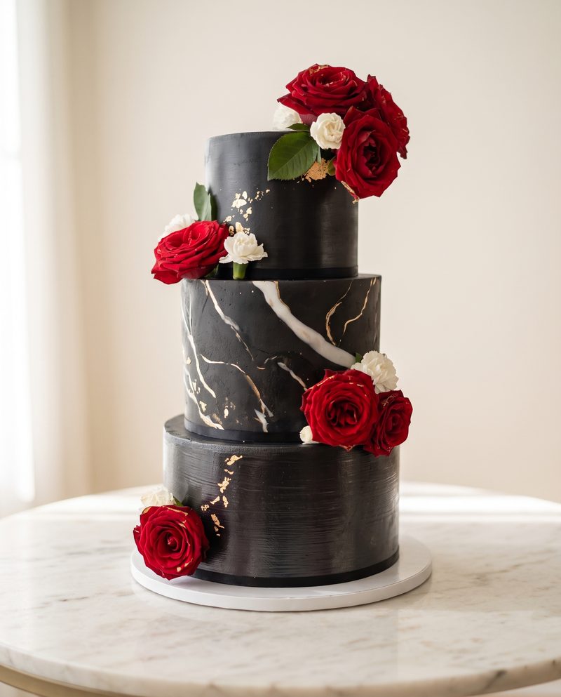 Wedding cake marbré noir à trois étages, roses rouges et blanches