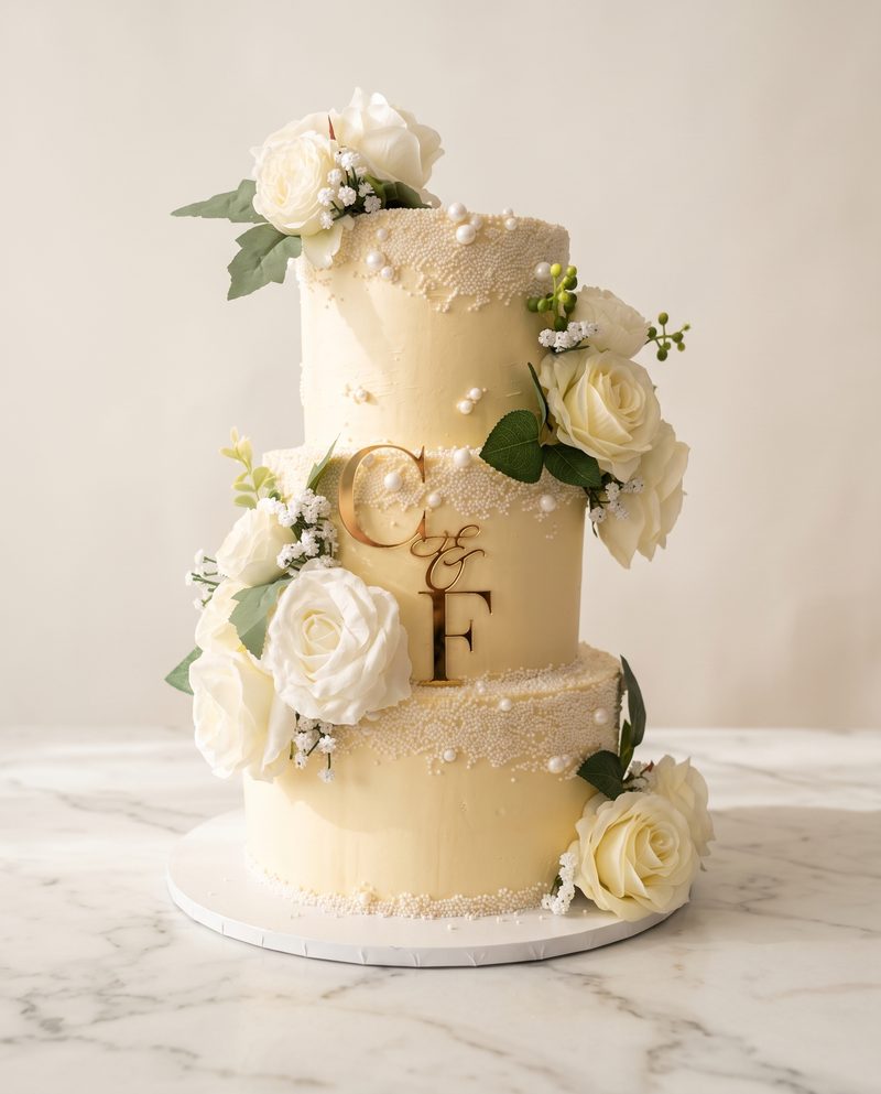 Wedding cake ivoire à trois étages, initiales dorées et roses blanches