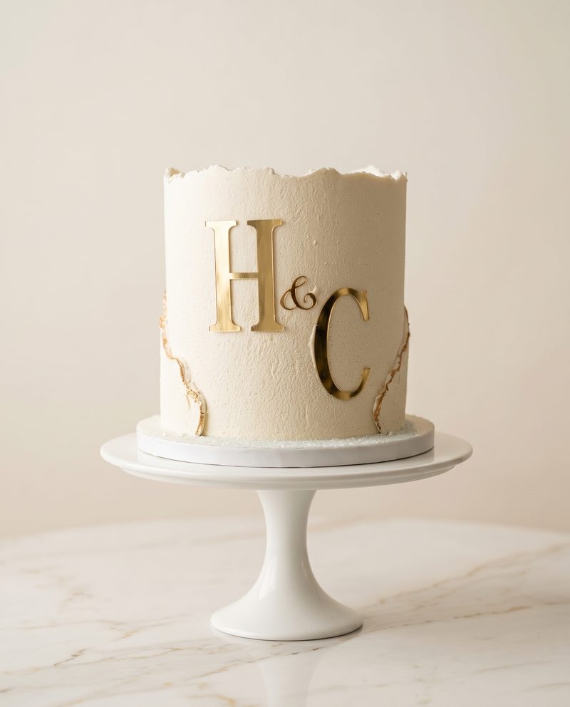 Wedding cake blanc, initiales dorées et dorure à la feuille