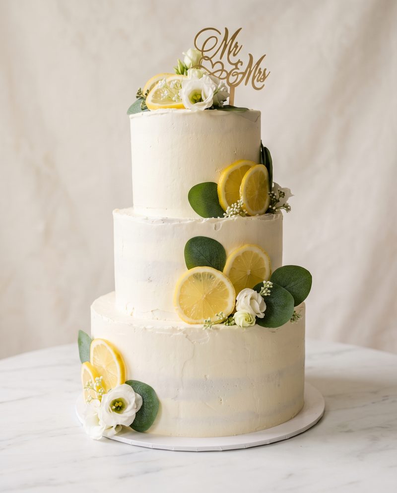 Wedding cake blanc à trois étages, citrons, fleurs blanches et eucalyptus