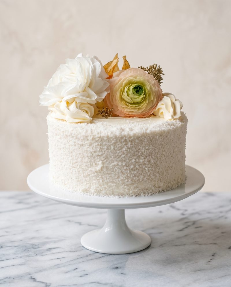Gâteau d'anniversaire blanc à la noix de coco, roses et renoncule