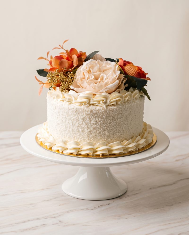 Gâteau d'anniversaire blanc, pivoine pêche et fleurs orangées