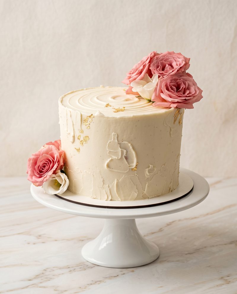 Gâteau d'anniversaire ivoire spatulé, roses roses et feuille d'or