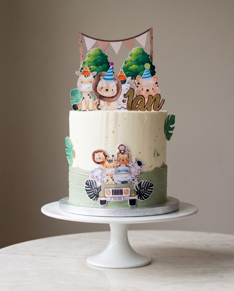 Gâteau d'anniversaire enfant safari, animaux en jeep et banderole