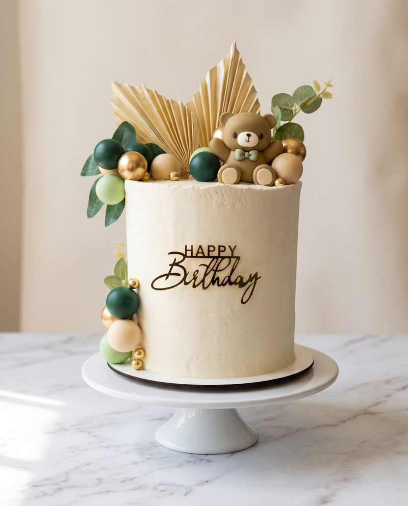Gâteau d'anniversaire enfant ivoire, ourson et ballons dorés