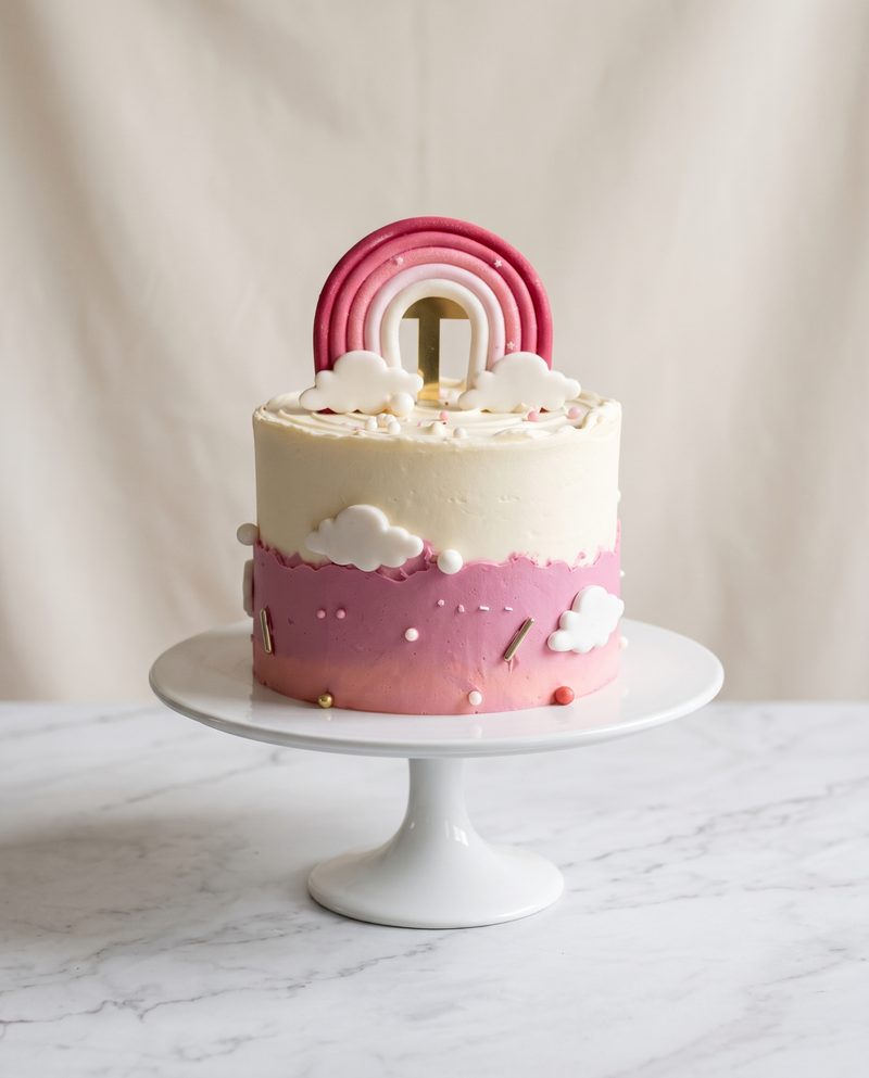 Gâteau d'anniversaire enfant arc-en-ciel et nuages, blanc et rose