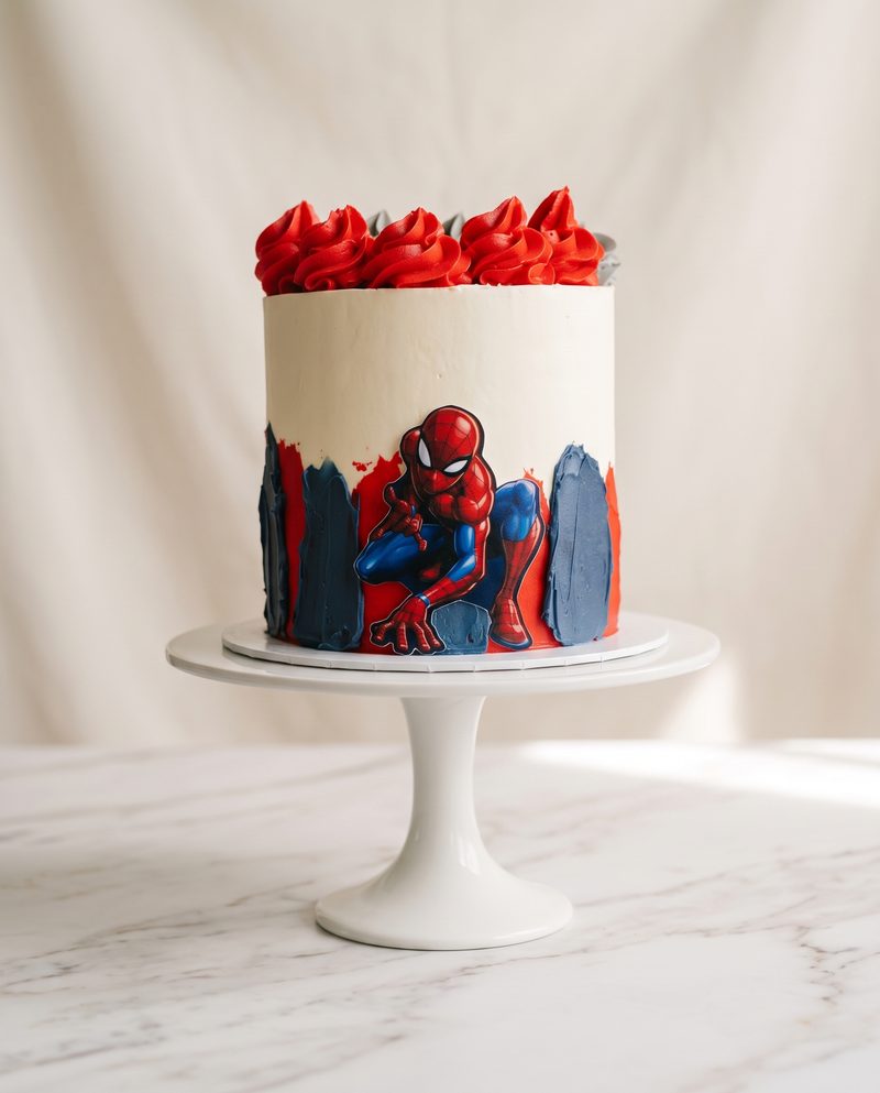 Gâteau d'anniversaire enfant Spiderman, rosaces rouges