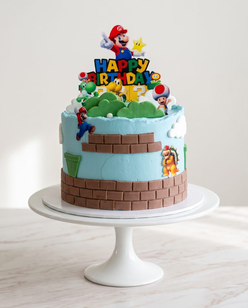 Gâteau d'anniversaire enfant Mario, briques et buissons