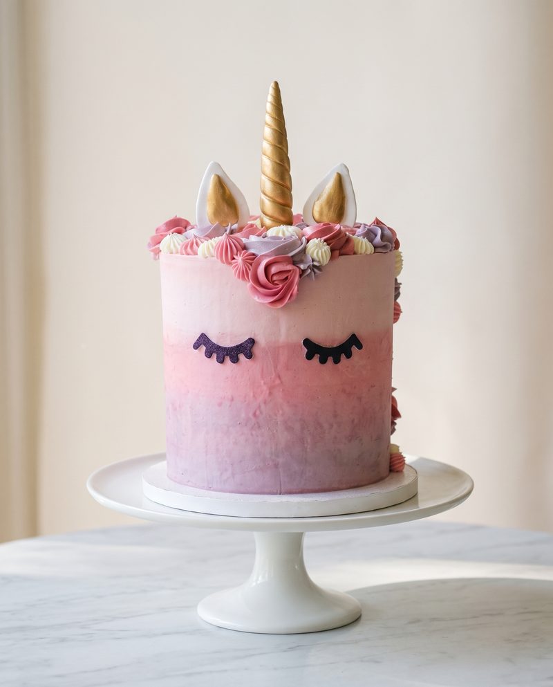 Gâteau d'anniversaire enfant licorne rose, corne dorée