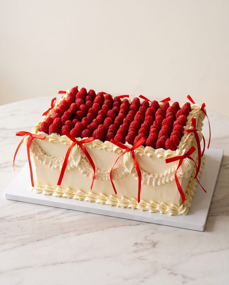 Gâteau d'anniversaire rectangulaire vintage, framboises fraîches et rubans rouges