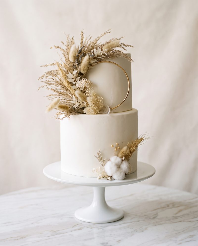 Wedding cake deux étages blanc, pampa séchée et cercle doré
