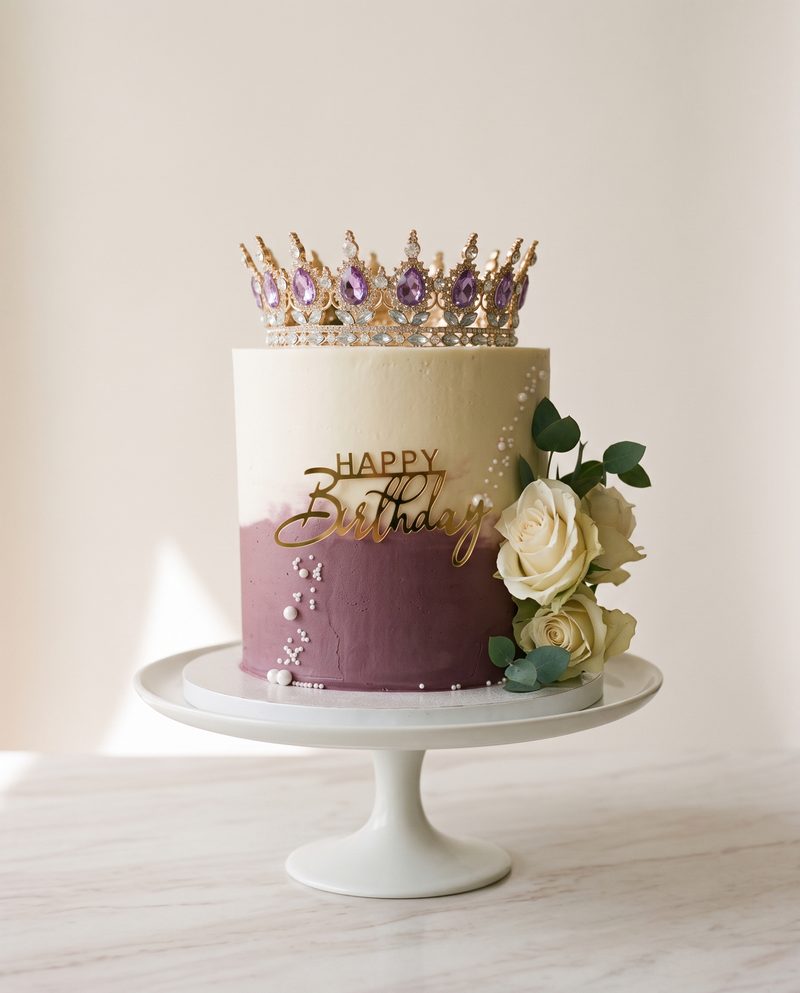 Gâteau d'anniversaire prune et ivoire, couronne dorée et roses blanches