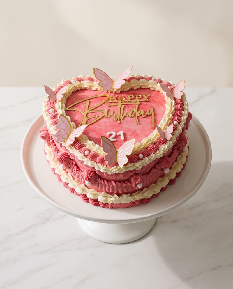 Gâteau d'anniversaire cœur rose vintage « 21 », papillons