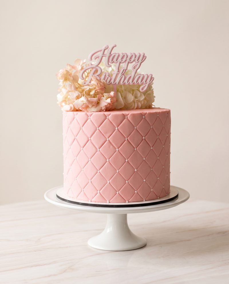 Gâteau d'anniversaire enfant rose matelassé, pivoines et perles