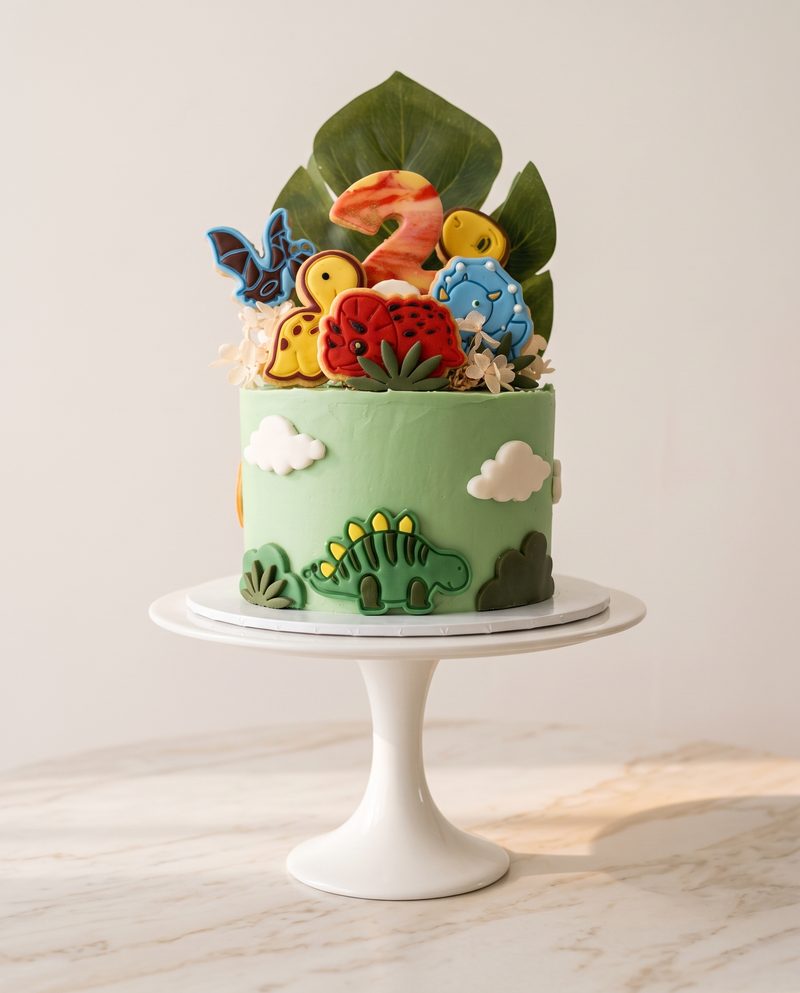 Gâteau d'anniversaire enfant dinosaures « 2 », nuages et feuille