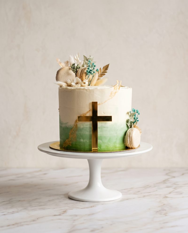 Gâteau de communion ivoire et vert, croix dorée et macarons