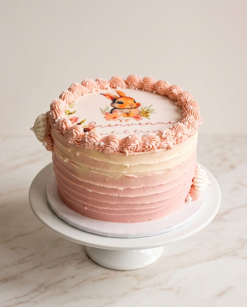 Gâteau de naissance rose, lapin « Bienvenue petit trésor »